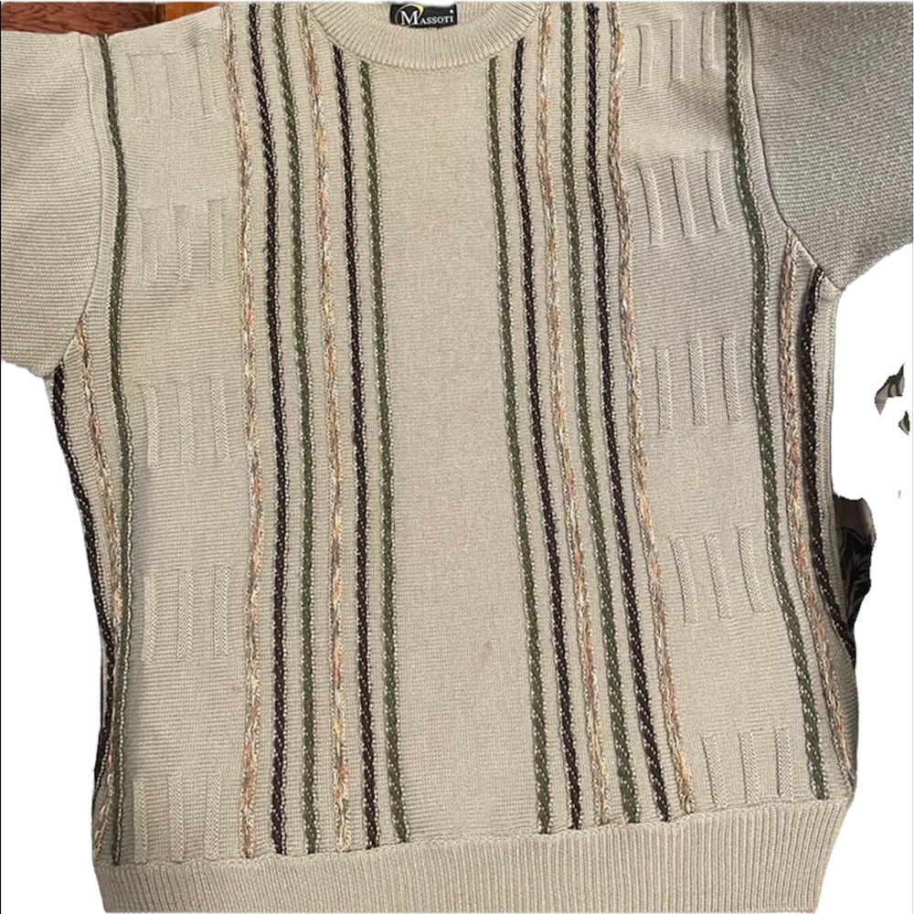 Massoti Men’s Tan Textured Crew Neck Merino Wool Acrylic Sweater, L